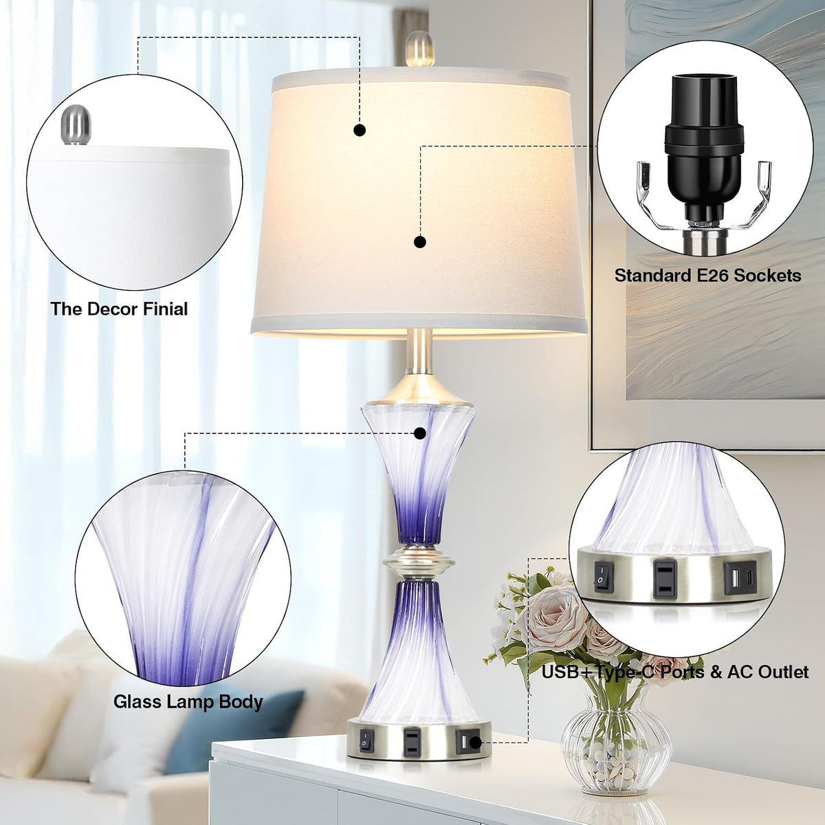Rinweey Purple Glass Table Lamp Set of 2 with USB C+A Ports & AC Outlet, Bedside Lamp, Modern Bedroom Lamps, Crystal Lamp for Night Stands Bedroom Living Room,Nightstand Lamp LED Bulbs Included
