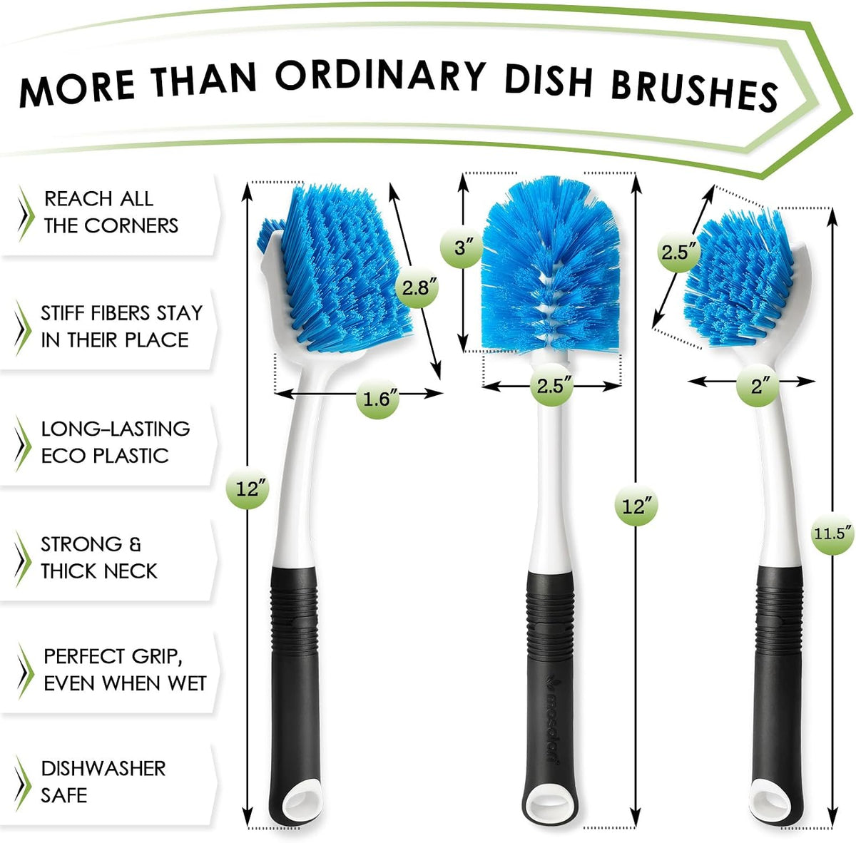 MOSOLAN Dish Brush Set of 3 with Bottle Brush, Dish Scrub Brush, Round Head