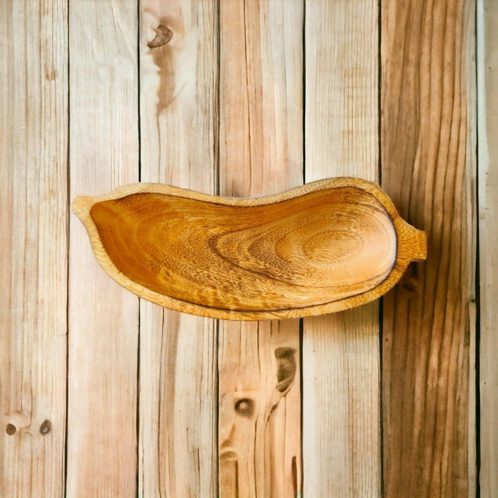 Carved Wood Bowl 10" Long Brown Banana Fruit Shaped Tray Plate - Handcrafted Functional Collectibles Wooden Crockery for Serving Candy Nuts Desserts Fruits Accent Décor Gifts