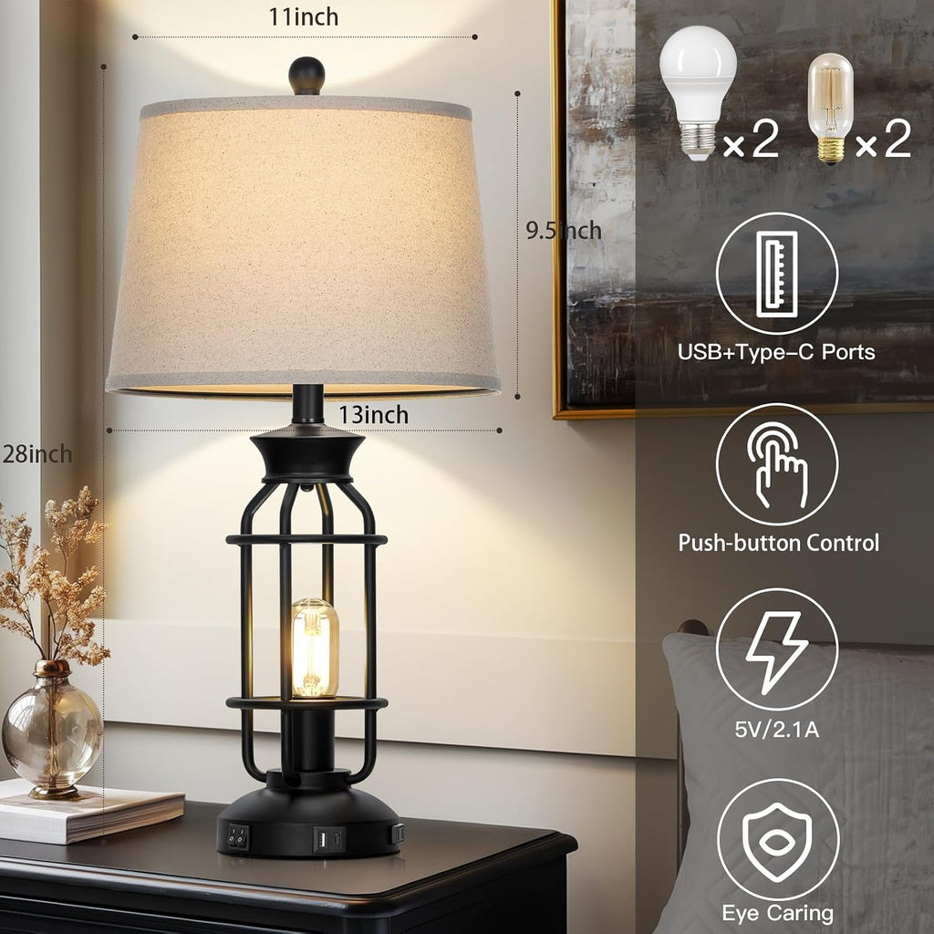 28" Tall Farmhouse Table Lamp for Living Room, Industrial Table Lamp with USB C+A Charging Ports & Outlet, Rustic Vintage Bedside Nightstand Lamp with Night Light for Bedroom End Table Black Single