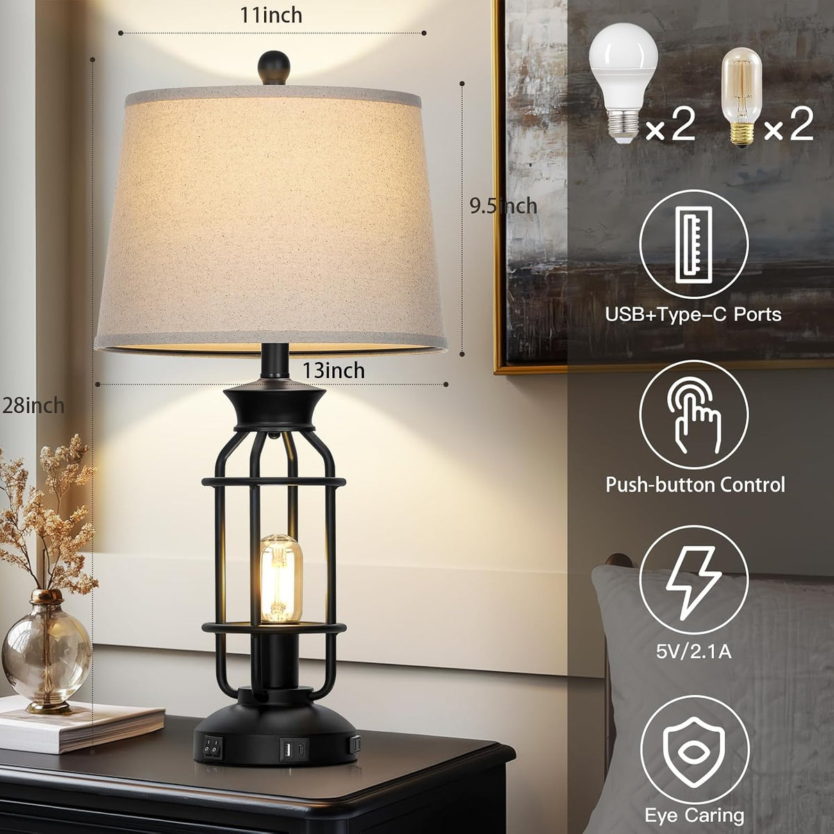 28" Tall Farmhouse Table Lamp for Living Room, Industrial Table Lamp with USB C+A Charging Ports & Outlet, Rustic Vintage Bedside Nightstand Lamp with Night Light for Bedroom End Table Black Single