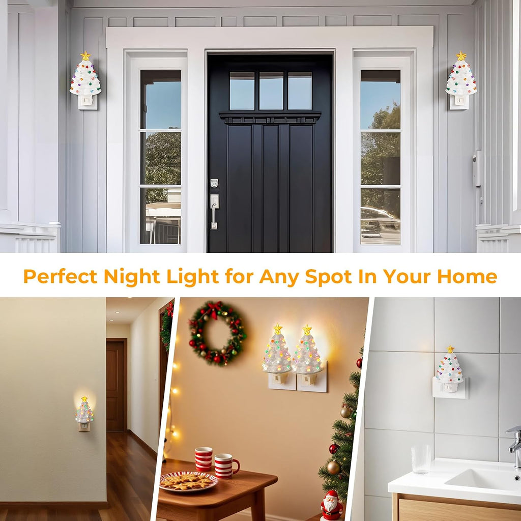 Brightever 2-Pack Ceramic Christmas Tree Night Lights, 6" H UL Certified C7 Christmas Nightlight Plug into Wall with Multicolor Bulbs, On/Off Switch, Vintage Xmas Decor for Bathroom, Bedroom - White