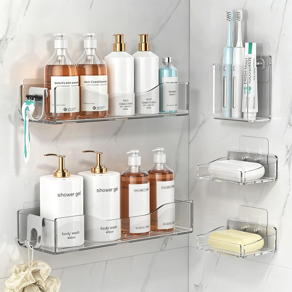Clear Acrylic Shower Caddy Organizer Shelves, Adhesive Wall Storage 5-Pack