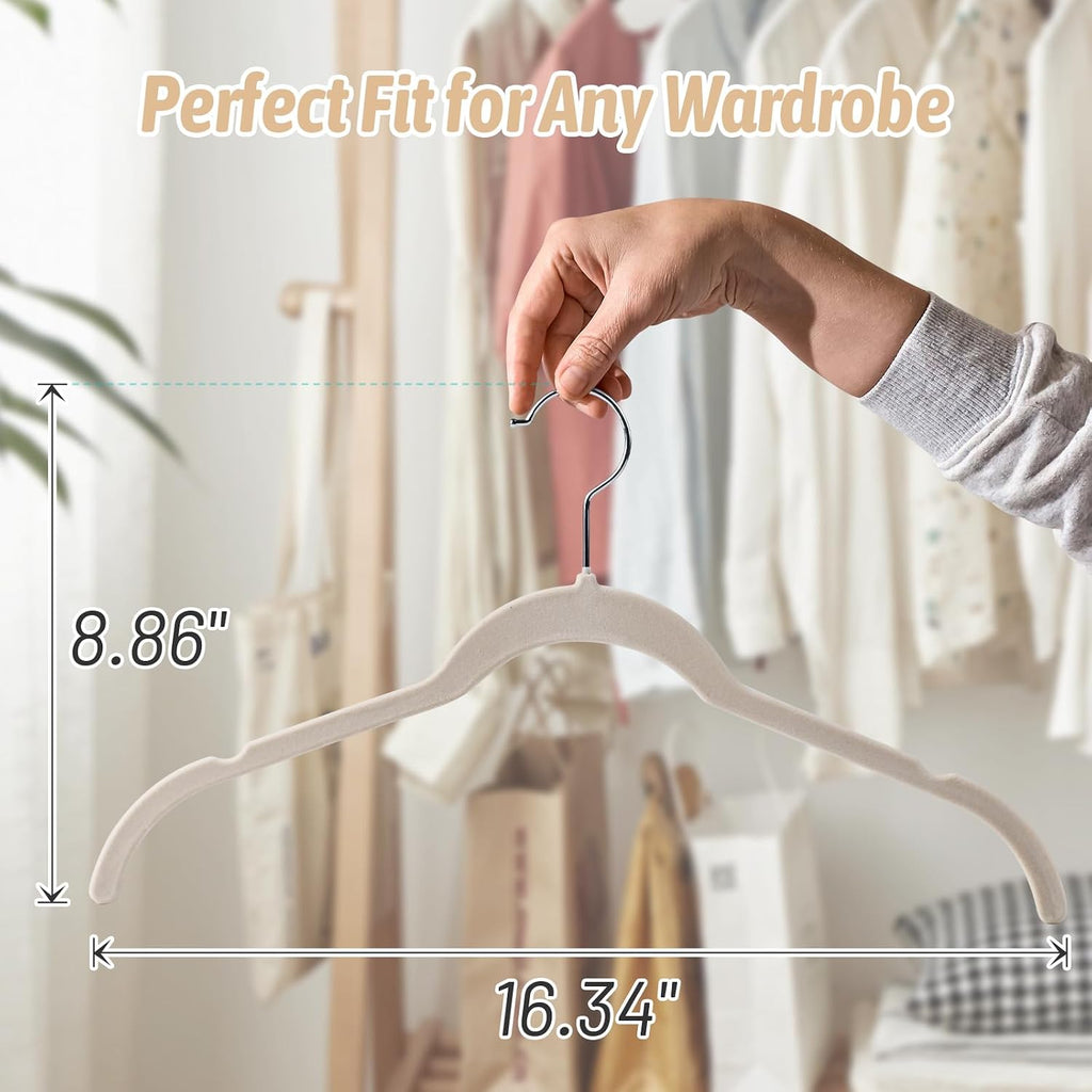 Beige Velvet Shirt Hangers 30 Pack, Slim Non-Slip Flocked Hangers