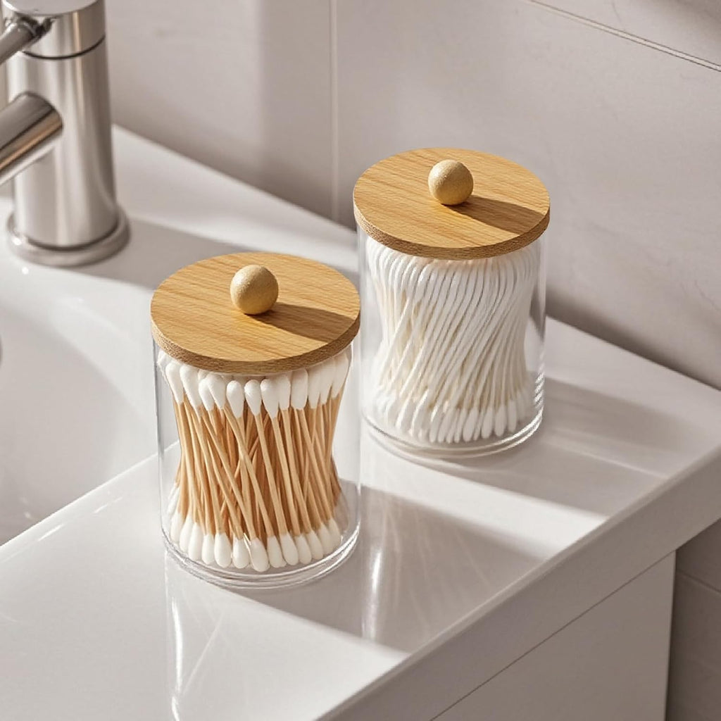 Bathroom Counter Organizer & Qtip Holder - 2-Piece 10oz Clear Plastic Apothecary Jar With Bamboo Lid, Cotton Swab Dispenser For Vanity Stuff, Hair Tie Storage & Boho Accessories