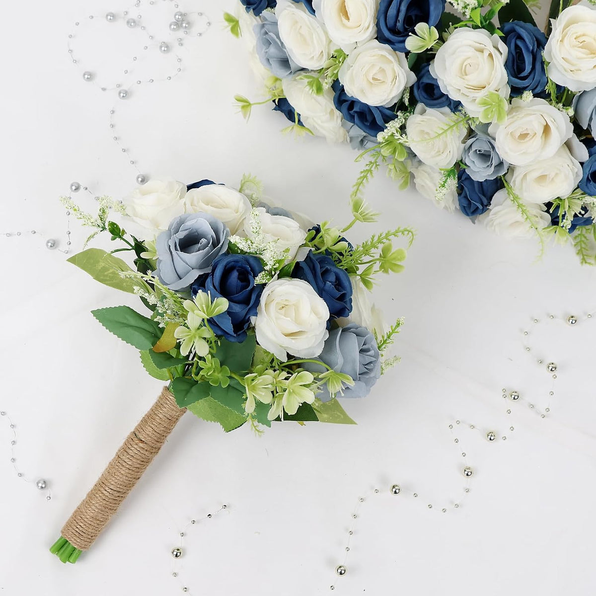 Bridesmaid Bouquets for Wedding - 7 Inch Artificial Flower Bouquet for Party Ceremony Anniversary Dinning Table Centerpieces Decor -Navy Blue & Dusty Blue & White