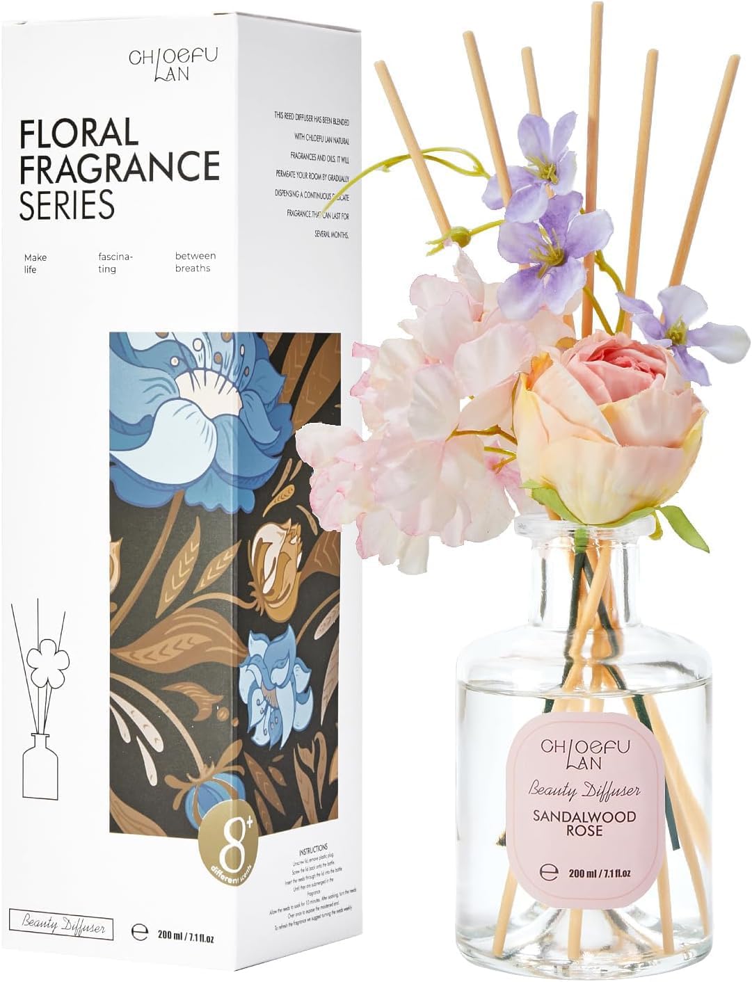 Chloefu Lan Premium Reéd Diffuser Set with Pink & Purple Flowers Reéd Diffuser Sticks Sandalwood Rose | 6.7oz Scent Fragrance Oil Diffuser for Bedroom Bathroom Home Shelf Décor