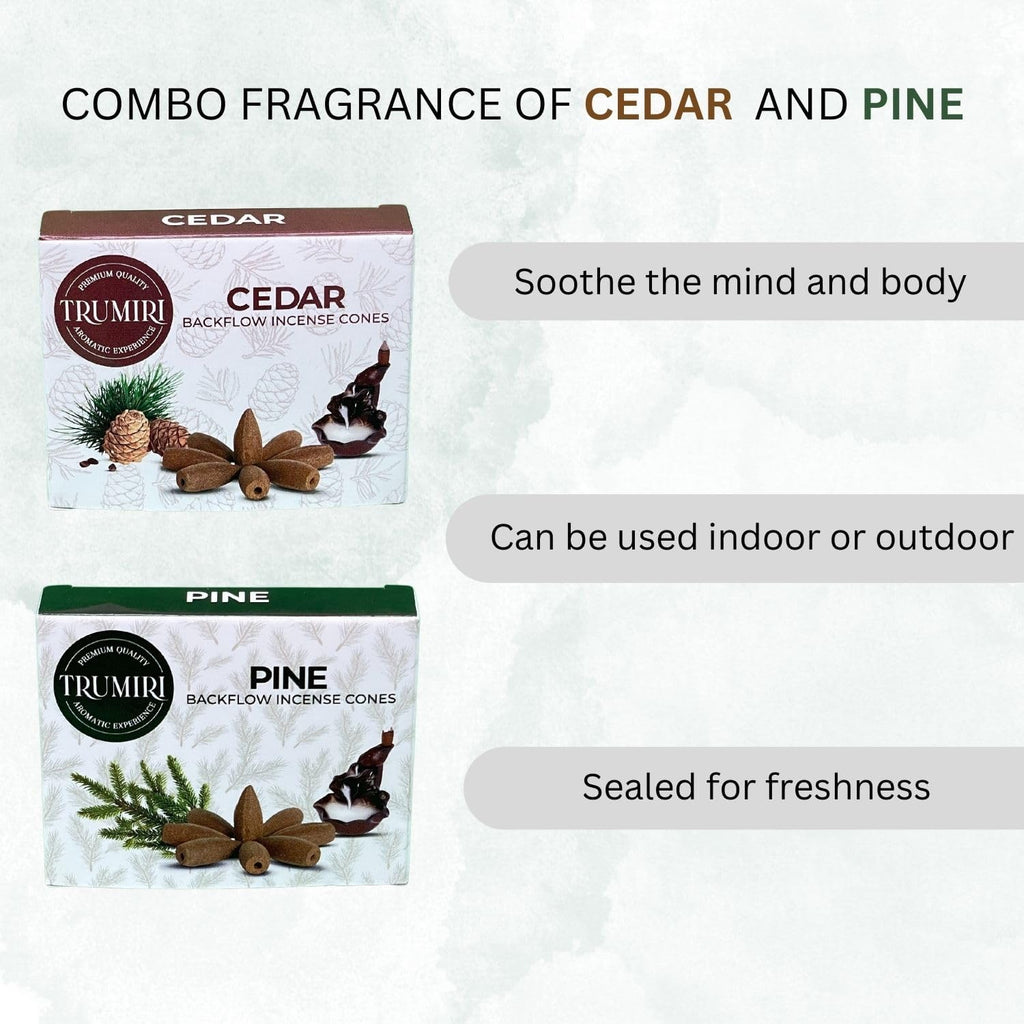 TRUMIRI Backflow Incense Cones - Combo Pack of 20 Incense Cones Waterfall - 10 Cedar + 10 Pine - Incense Backflow Cones - Waterfall Incense Cones - Incense Waterfall Cones