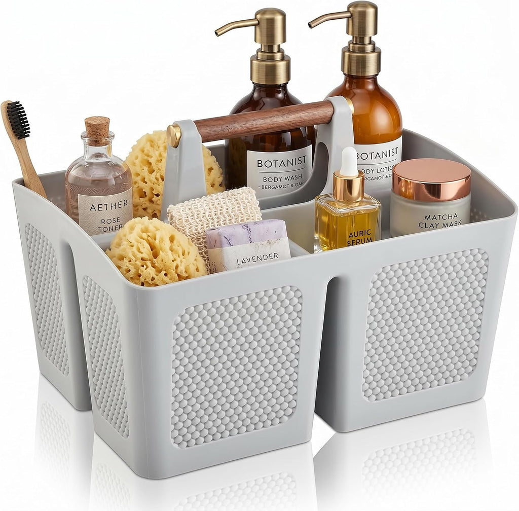 Haundry Plastic Light Gray Shower Caddy Basket with 3 Compartments, Portable Divided Bathroom Cleaning Caddy Organizer Storage Tote with Handle for Dorm, College, Room Essentials