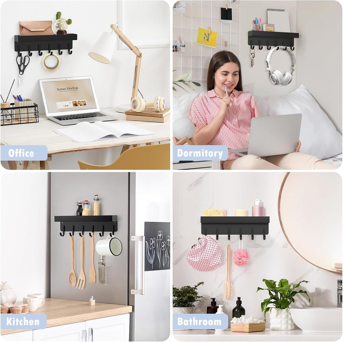 Magnetic Key Holder, Wall Mount Key Rack with Shelf, 9.65 in, Black
