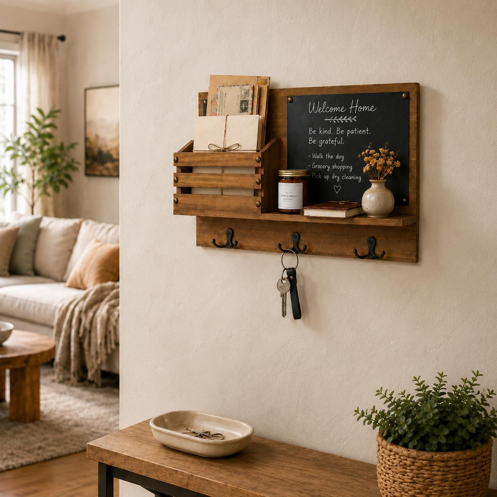 Key Holder for Wall, Mail Organizer Wall Mount, Chalkboard & 3 Double Hooks