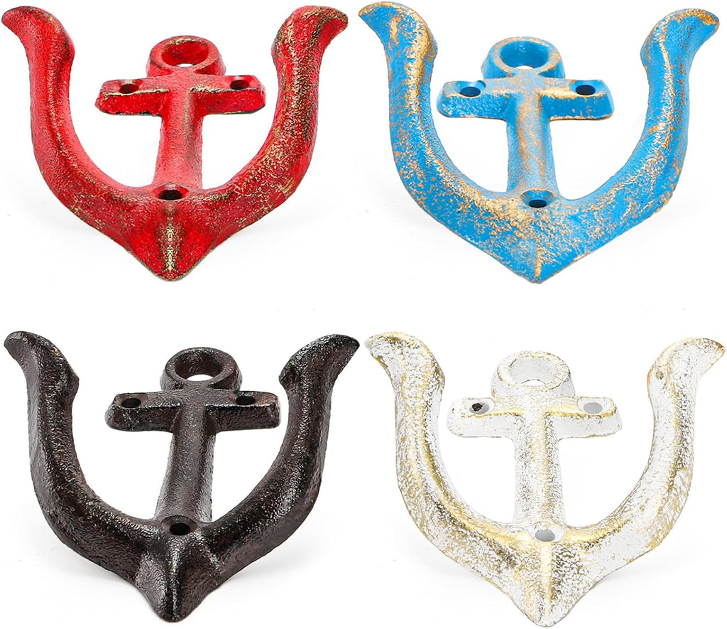 yarlung 4 Pack Vintage Wall Hooks Nautical Anchor Design, Shabby Chic Cast Iron Coat Hooks Rack, Decorative Wall Mount Rustic Metal Towel Hanger, 4 Colors