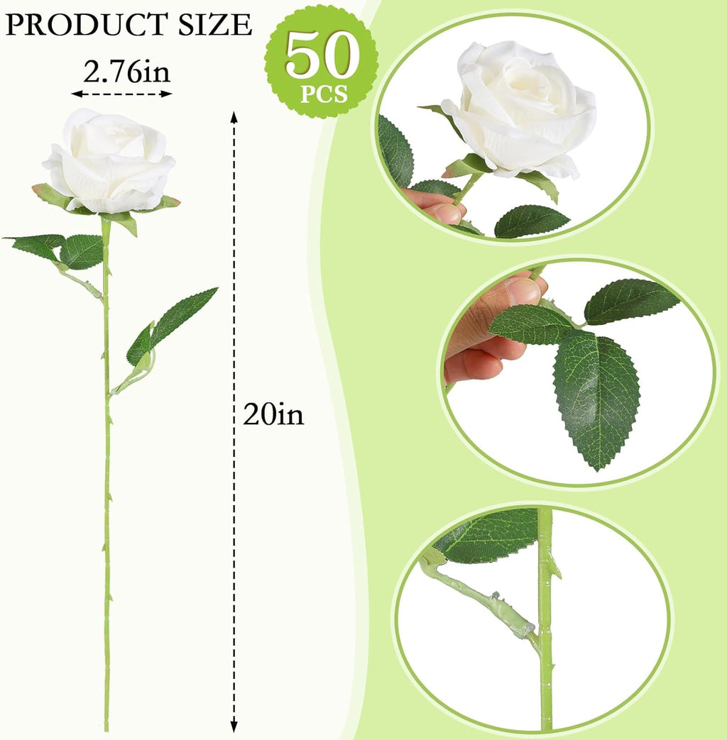 Hananona 50 Pcs Artificial Roses, Realistic Silk Flowers Bulk, White
