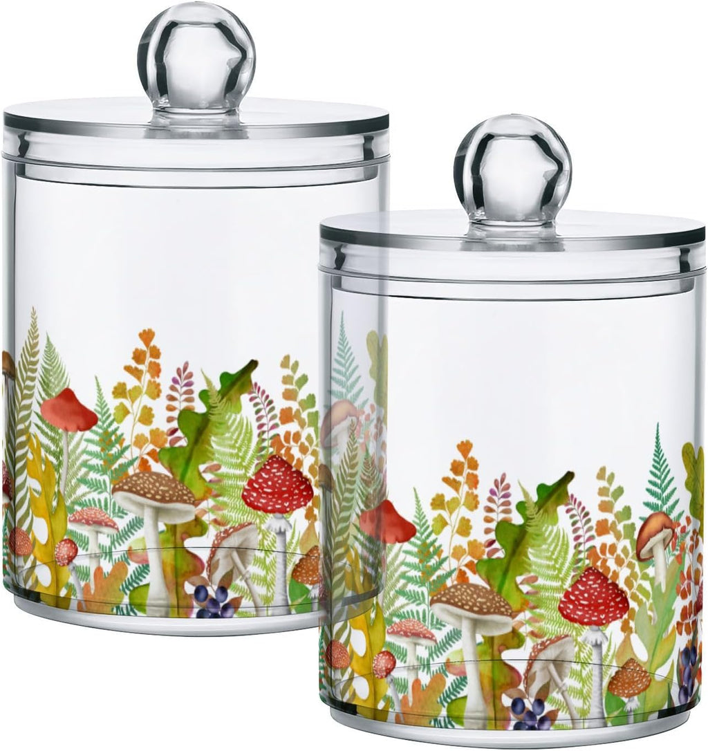 Fall Leaf Mushroom Apothecary Jars with Lids for Bathroom - 10 OZ Qtip Holder Clear Plastic Jar Storage Canister for Cotton Balls, Swabs, Makeup Organizer, 4 Pack