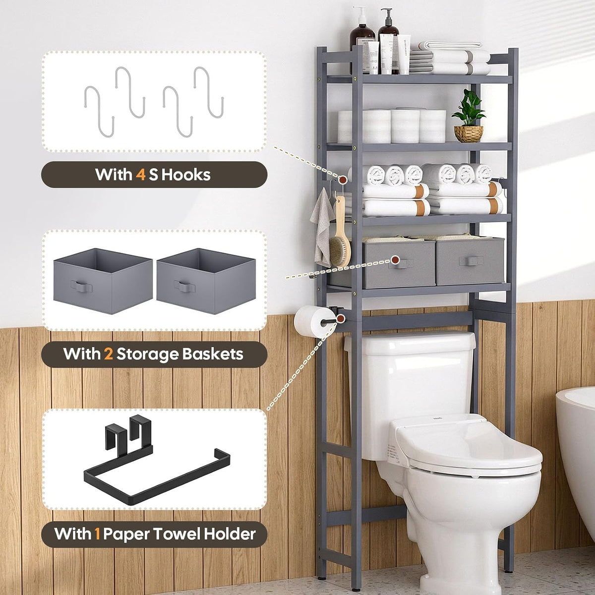 Homde Bathroom Over Toilet Storage Rack: Adjustable 4-Tier Bamboo (Grey)