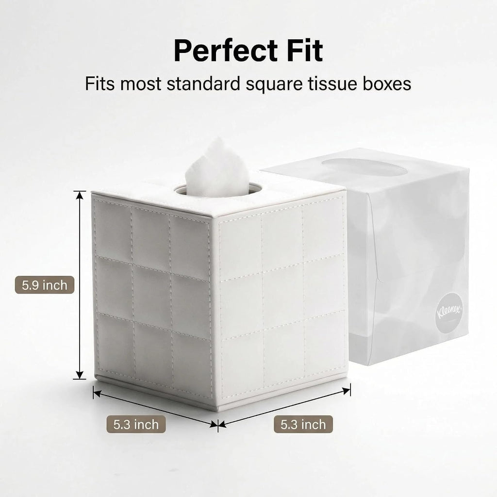 Square PU Leather Tissue Box Cover Holder with Magnetic Bottom(White Grid)