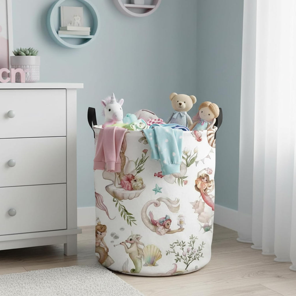 Baby Girls Laundry Basket Collapsible Kids Hamper Mermaid Nursery Room Bedroom Ocean Decor (Mermaid)