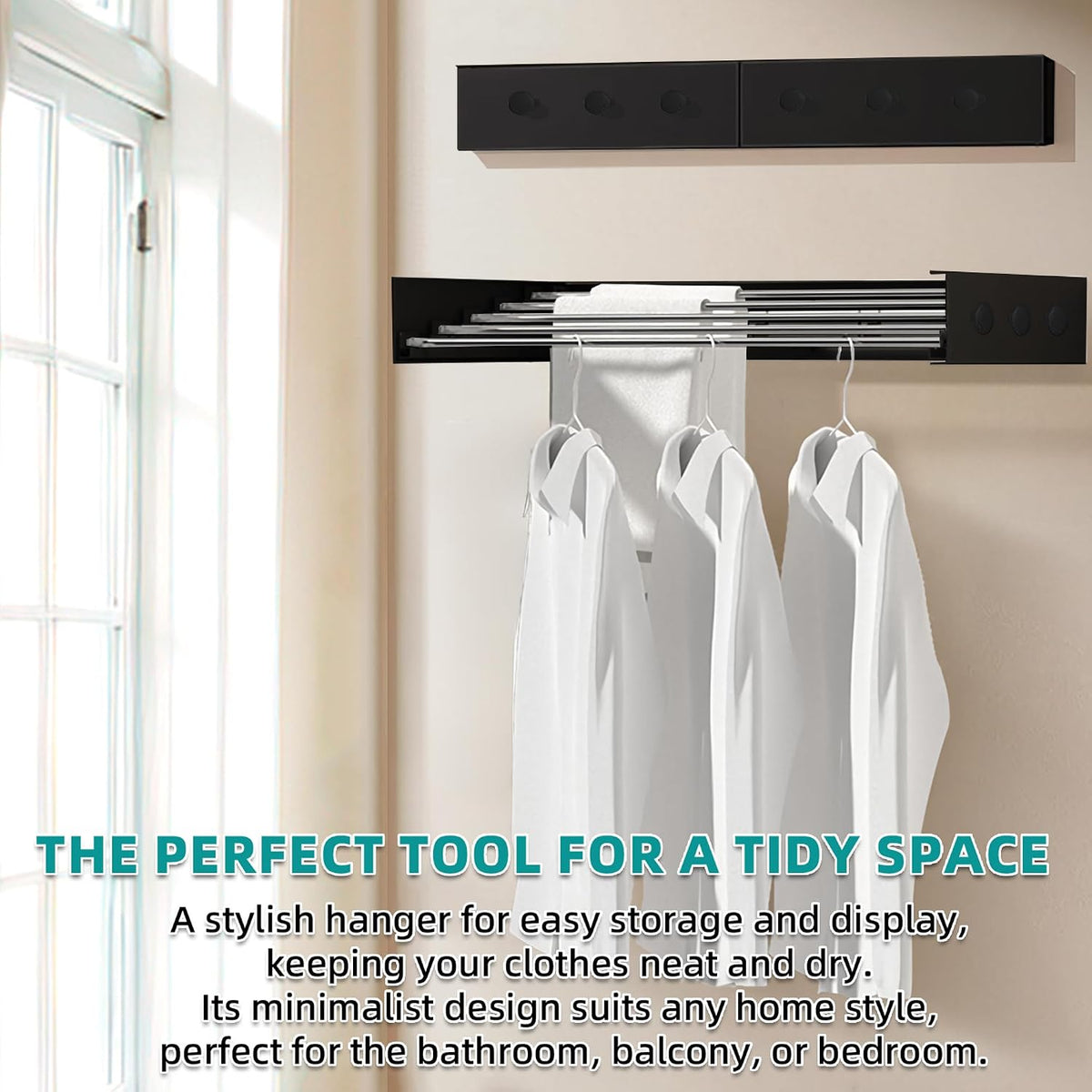 Laundry Drying Rack Collapsible, Wall Mounted, The Surface has Hooks (Black-31.5")