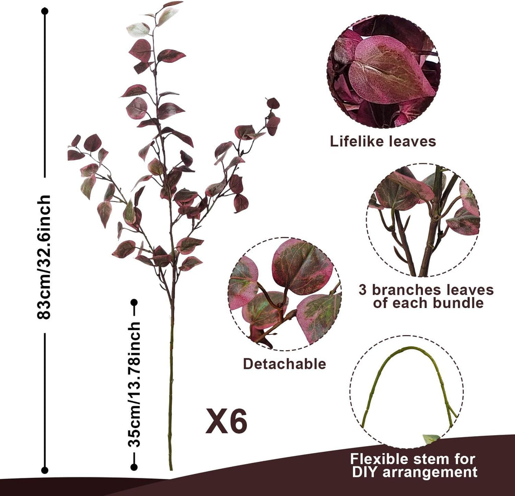 6PCS Artificial Fall Stems 32.7inch Long Burgundy Eucalyptus Stems for Vase