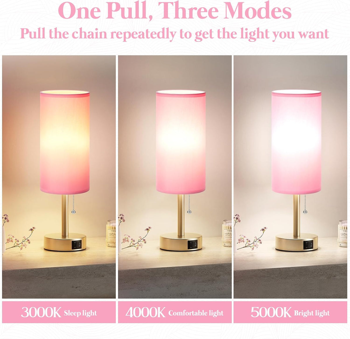 Pink Bedside Table Lamp for Bedroom - Small Nightstand Lamp for Girls
