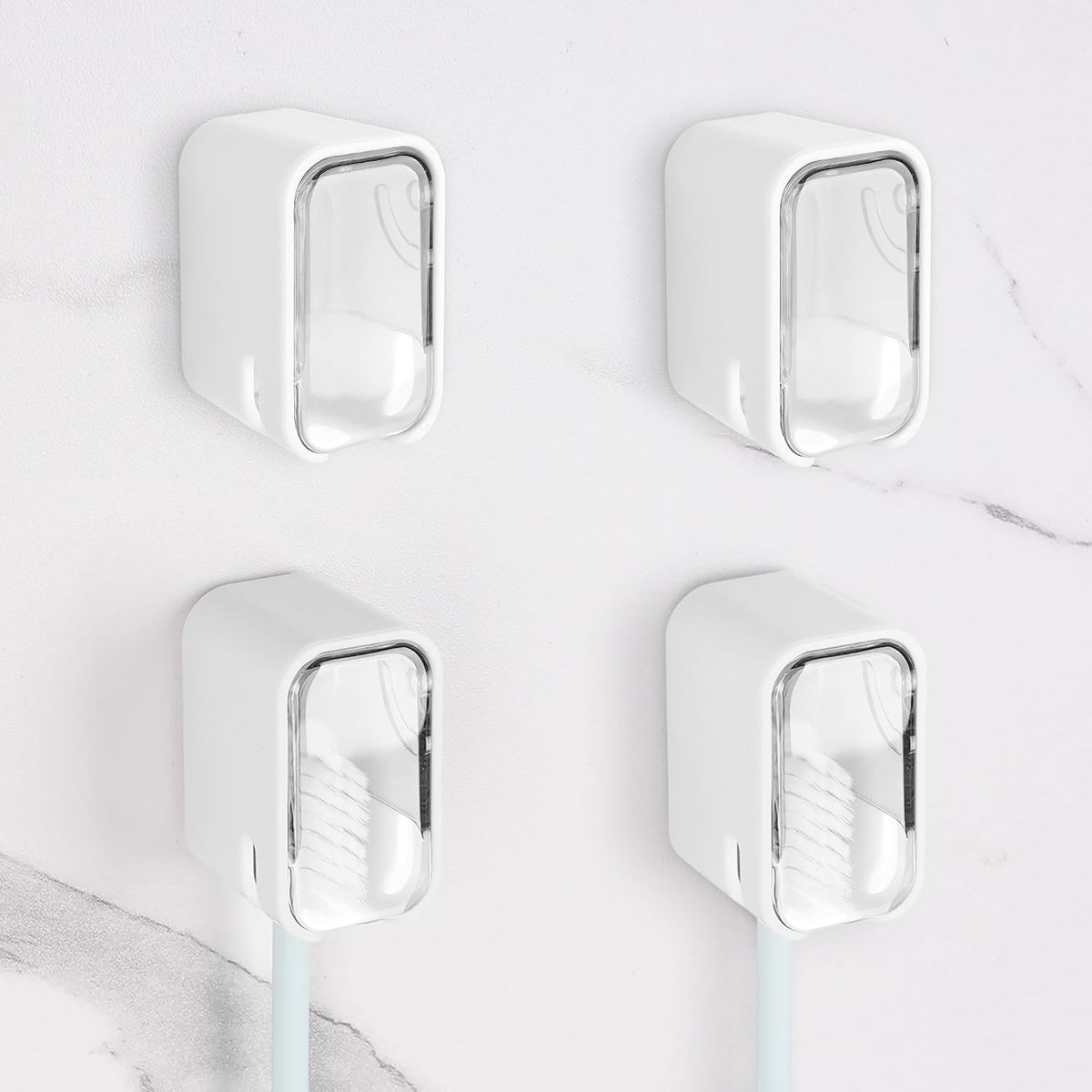 4 Pack Toothbrush Holders for Bathrooms Shower, Wall Mount Toothbrush Organizer with Cover, Self Adhesive Electric Toothbrush Storage, Quick Dry Toothbrush Hanger (Clear)