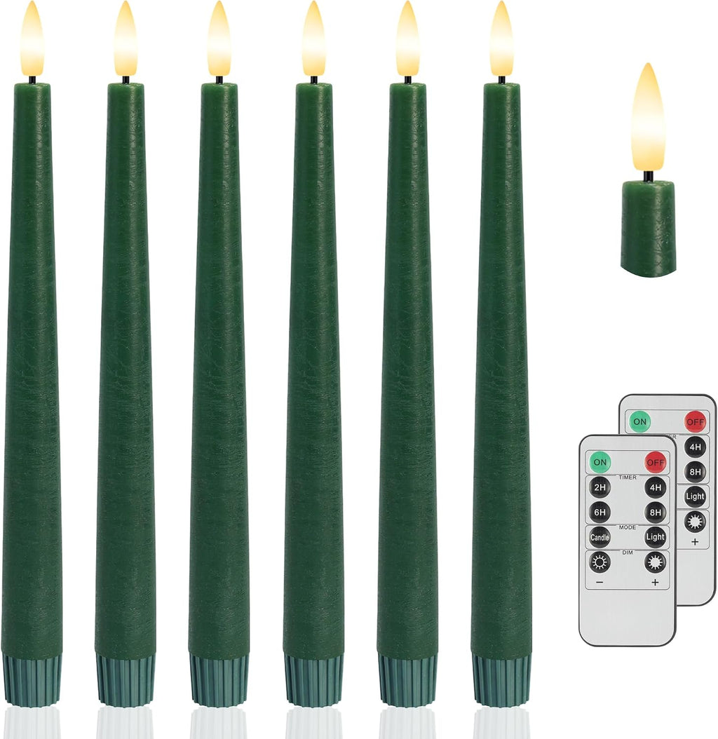 Green Flameless Candles, 9.6" Real Wax Taper Battery Opearted Candles with Remote, 6 Pack Flickering LED Candlesticks with 3D Wick, Classic Tall Taper Candles for Home, Party, Christmas Decor