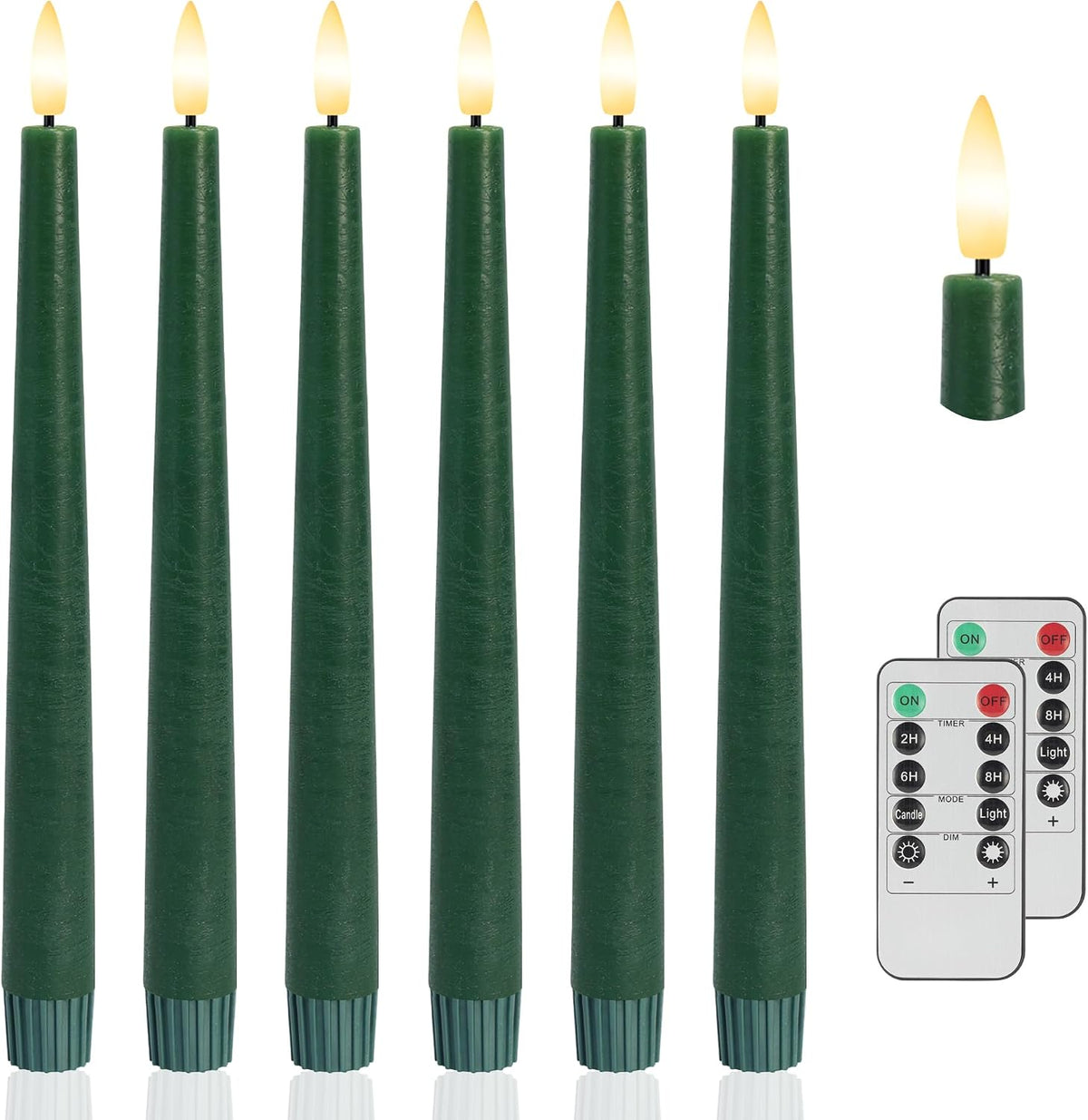 Green Flameless Candles, 9.6" Real Wax Taper Battery Opearted Candles with Remote, 6 Pack Flickering LED Candlesticks with 3D Wick, Classic Tall Taper Candles for Home, Party, Christmas Decor