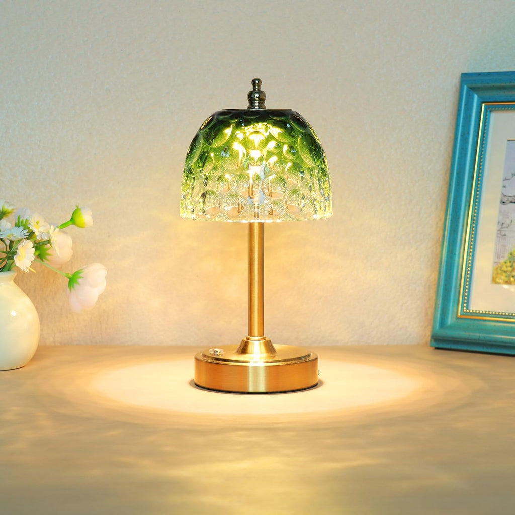 Cordless Rechargeable Table Lamp, Vintage Art Glass Shade, Dimmable, Green