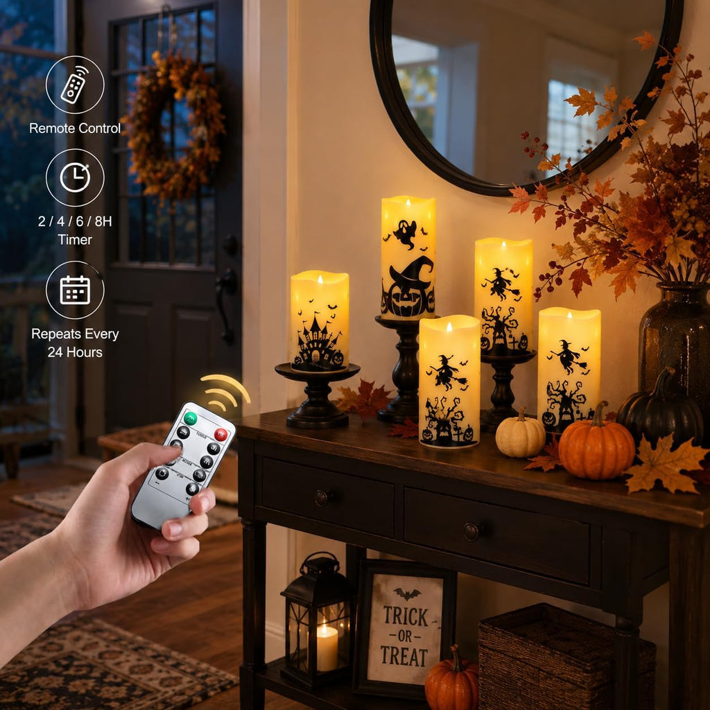 MUMCHASI Halloween Decor, Halloween Flameless Pillar Candles with Remote