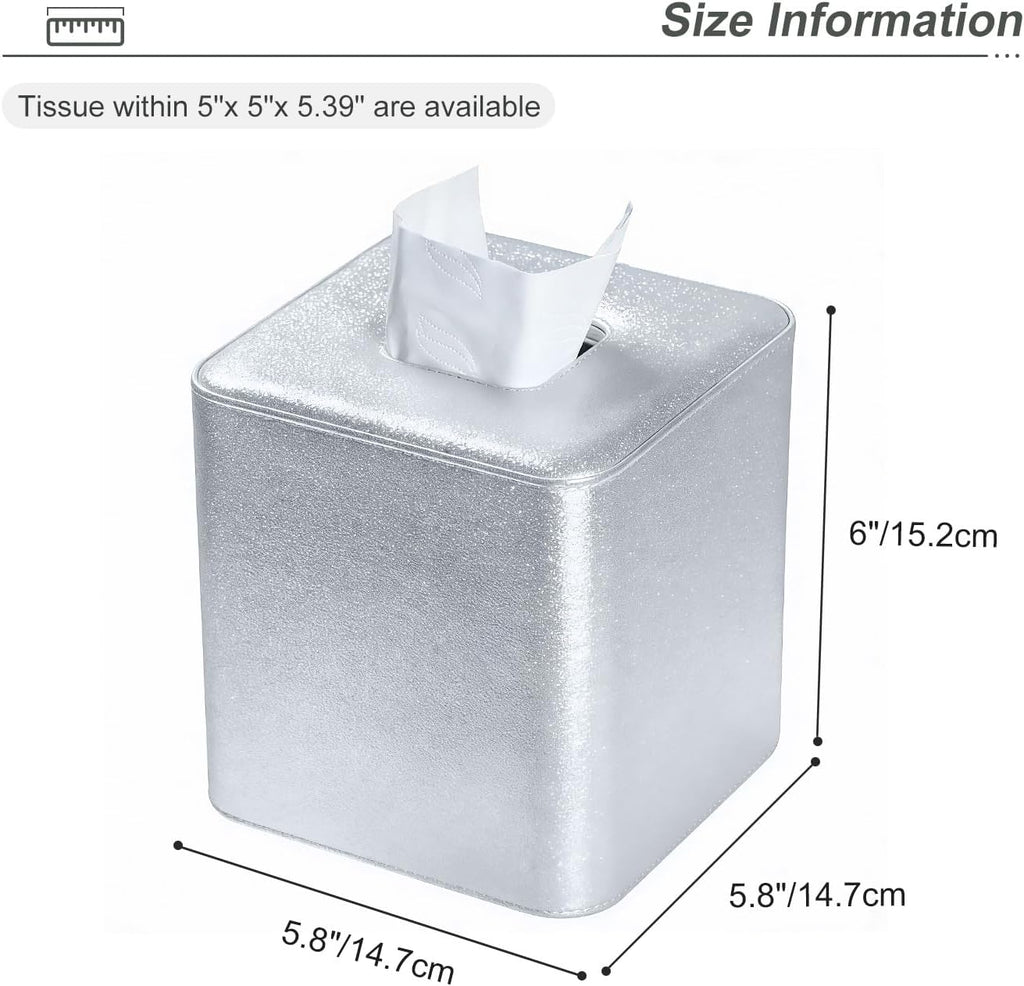 GORESE PU Leather Tissue Box Cover Square, Decorative Tissue Box Holder for Kleenexs, Tissue Cover for Vanity, Bathroom, and Office, Elegant Shimmer Cube Tissue Box (Silver)