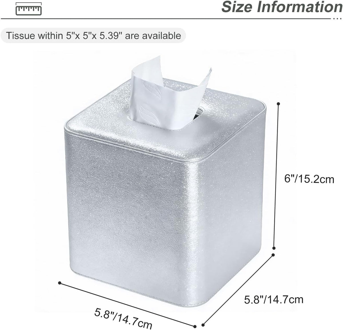 GORESE PU Leather Tissue Box Cover Square, Decorative Tissue Box Holder for Kleenexs, Tissue Cover for Vanity, Bathroom, and Office, Elegant Shimmer Cube Tissue Box (Silver)