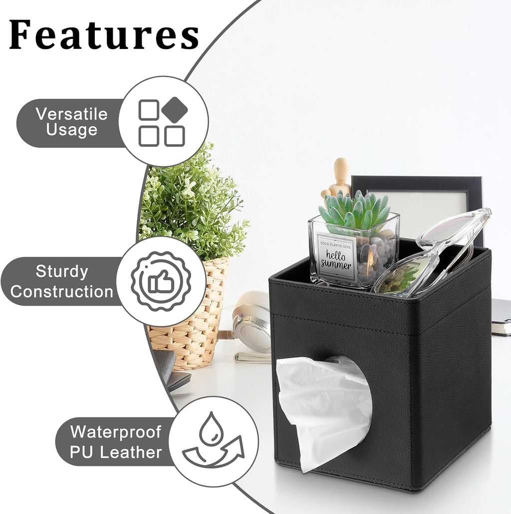 Sumnacon Square Tissue Box Cover with Storage Tray,Tissue Box Holder,Black