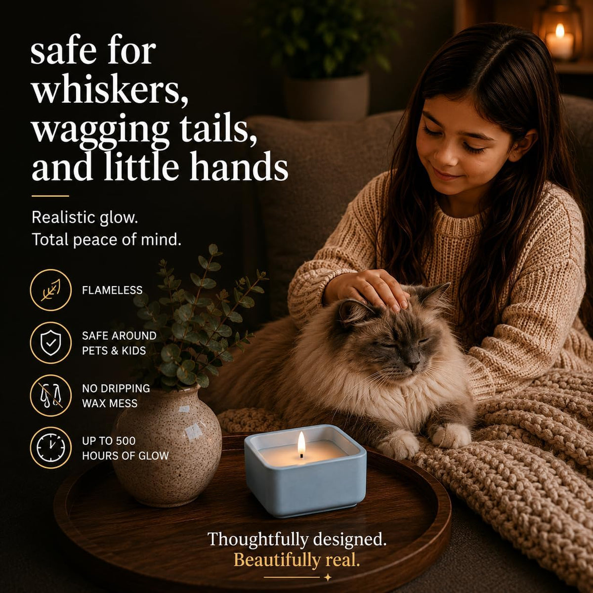 Flameless Candle - Square LED Candle with Real Wax in a Cement Base | Battery Operated, 500+ Hours | Housewarming Gift, Home Décor, Bathroom, Coffee Table (Blue)