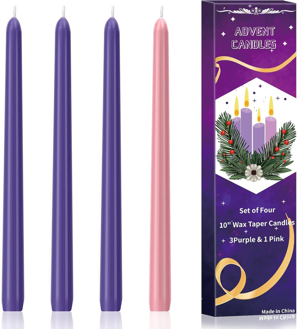 4 Pack Advent Candles Set - 10-Inch Dripless, Unscented, Smokeless, Long-Lasting Advent Tapered Candles for Christmas, Hand-Poured in Pink and Purple