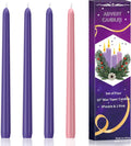 4 Pack Advent Candles Set - 10-Inch Dripless, Unscented, Smokeless, Long-Lasting Advent Tapered Candles for Christmas, Hand-Poured in Pink and Purple