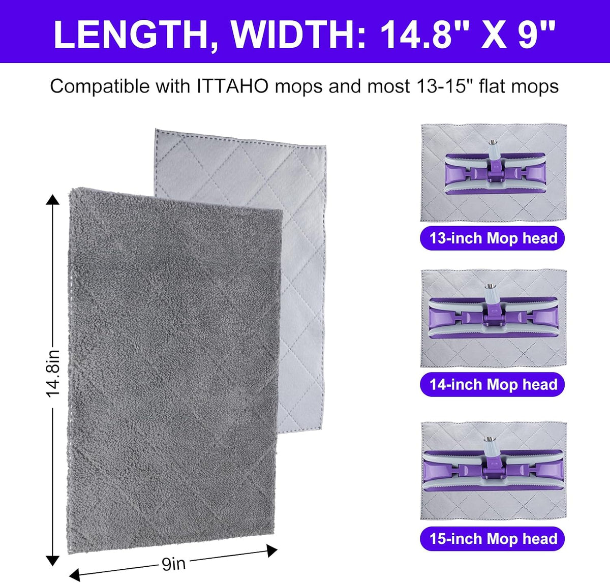 3-Pack Microfiber Mops Refill Pads for 14 Inch Mop (Gray)