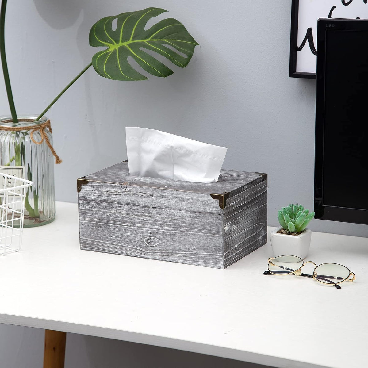 Distressed Wooden Rustic Tissue Box Holder Tissue Box Cover Napkin Dispenser for Bathroom Living Room Dining Room Bedroom Toilet (Grey White)