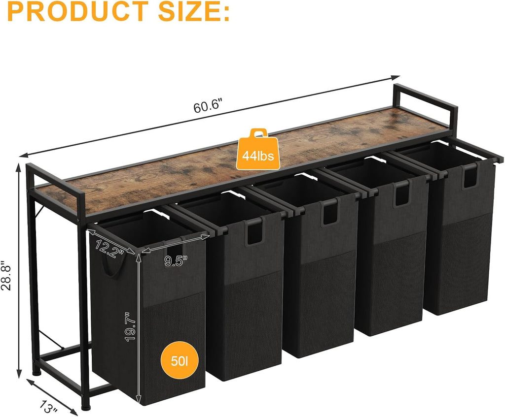5 Bin Laundry Hamper w/Folding Table, Laundry Basket w/Removable Bags