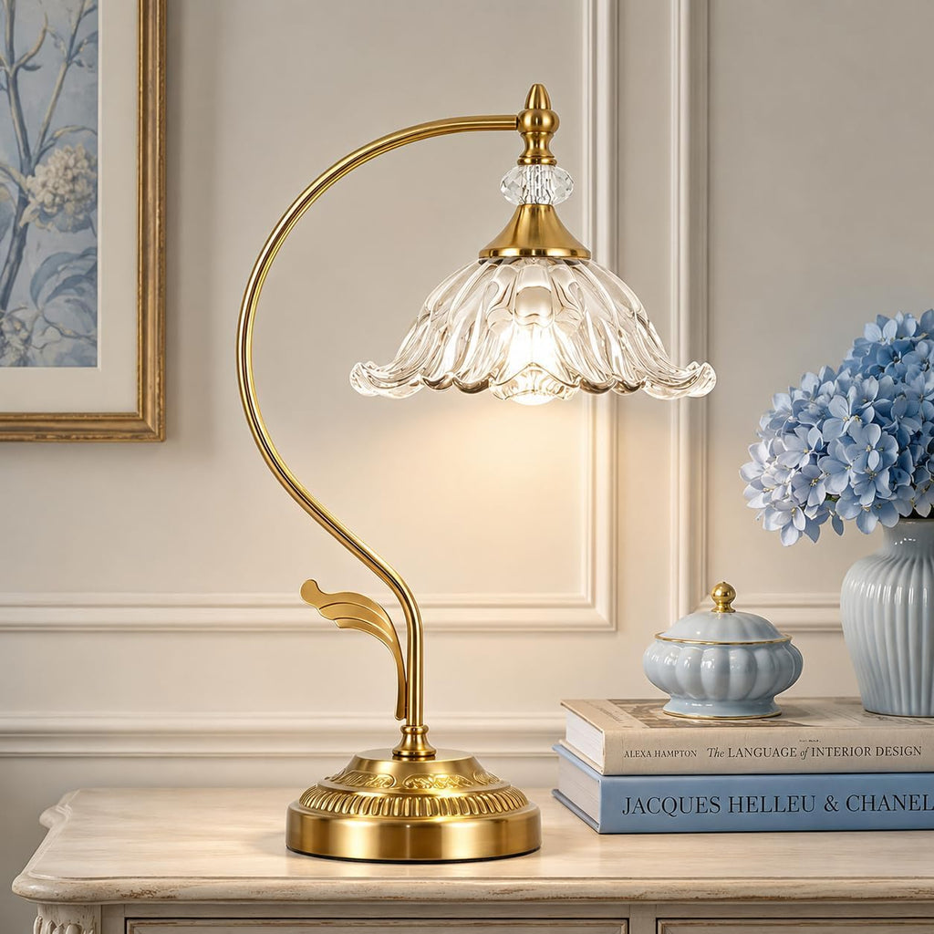 Vintage Floral Table Lamp, Plug in Mid-Century Modern Desk Lamp with Transparent Glass Shade, Gold Bedside Table Lamp Dimmable for Bedroom Living Room Home Office, E26 Base, UL Listed