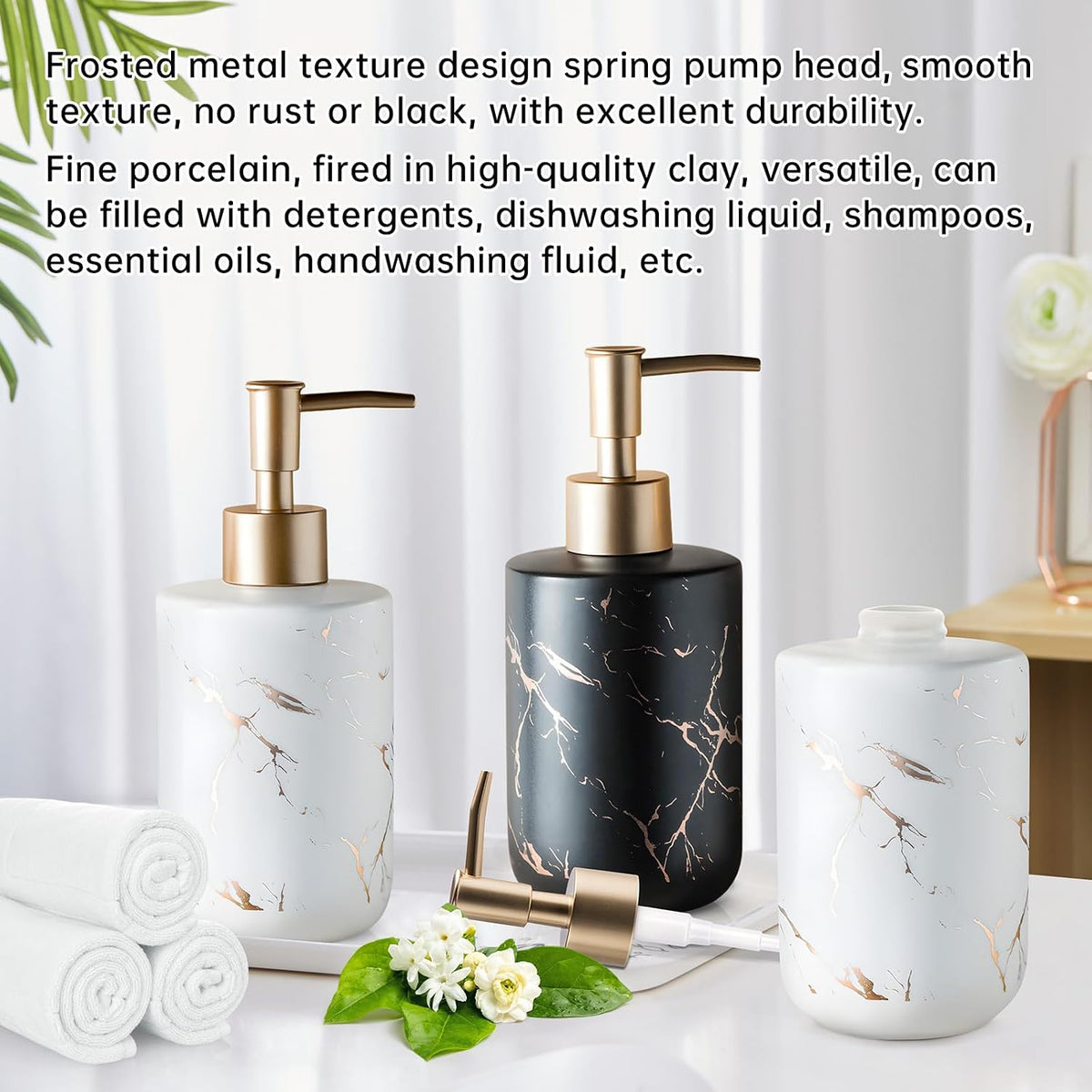 Gold Soap Dispenser, Dish Soap Dispenser for Kitchen Liquid Soap Pump Dispenser for Shower, Ceramics Refillable Hand Soap Lotion Dispenser, Shampoo Lotions Bottle for Bathroom, 10.5 OZ (White).