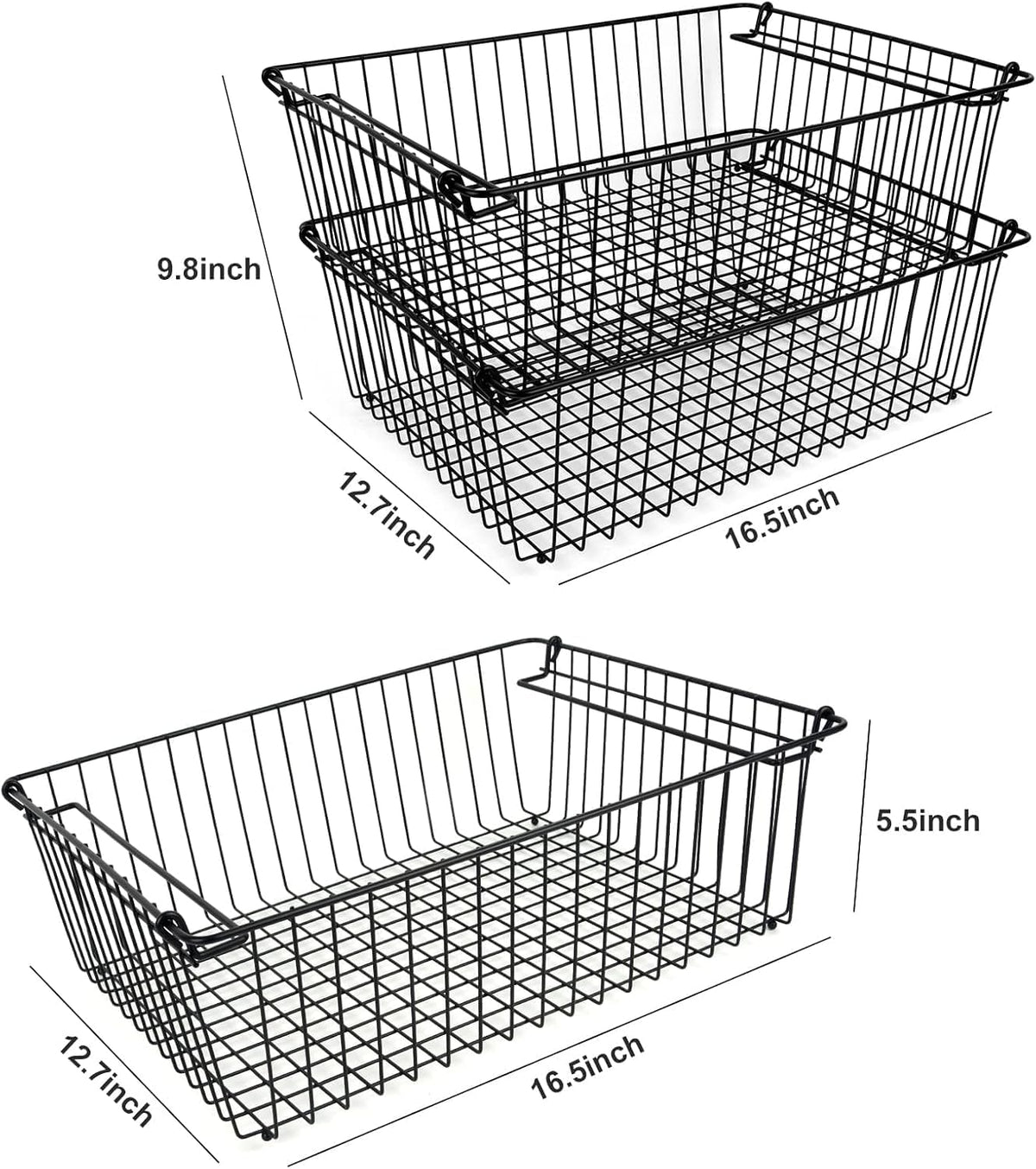 Set of 2 Stackable XXL Wire Baskets For Pantry Storage and Organization -16x12in Large Metal Food Baskets -Vegetable,Fruit,Potato,Onio, Pantry Storage Bins With Handles (White, XXL)