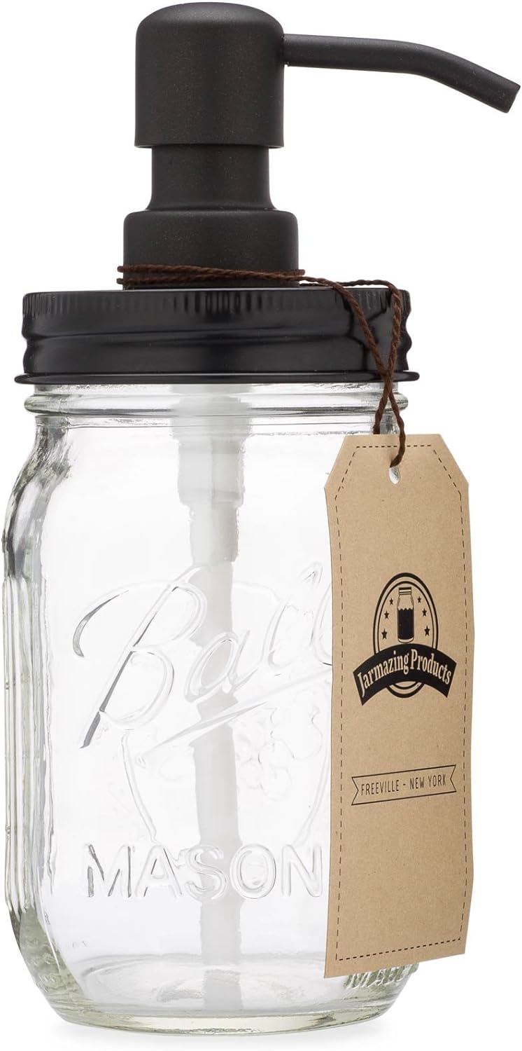 Jarmazing Products Mason Jar Soap Dispenser - Black - 16 oz Ball Mason Jar Liquid Dispenser for Kitchen & Bathroom - Glass - Dish Soap Dispenser with Rust Proof Stainless Steel Pump & Lid