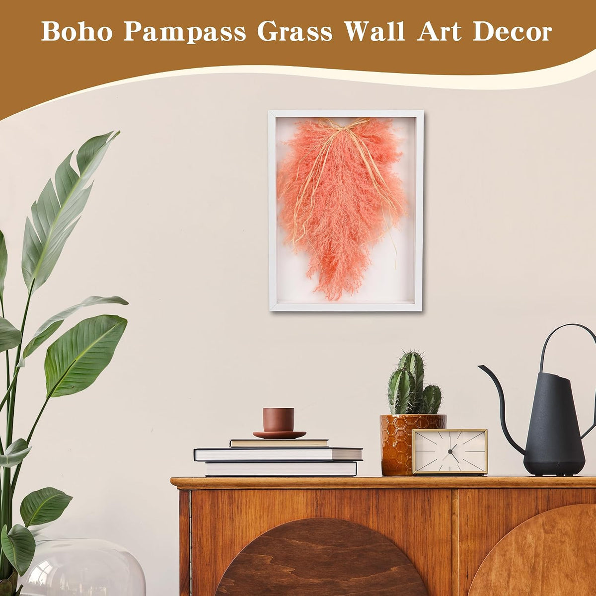 Pampas Grass Boho Wall Decor in 16’’ Frame – Framed Dried Flower Accent for Living Room, Entrance & Bedroom (Coral Red)