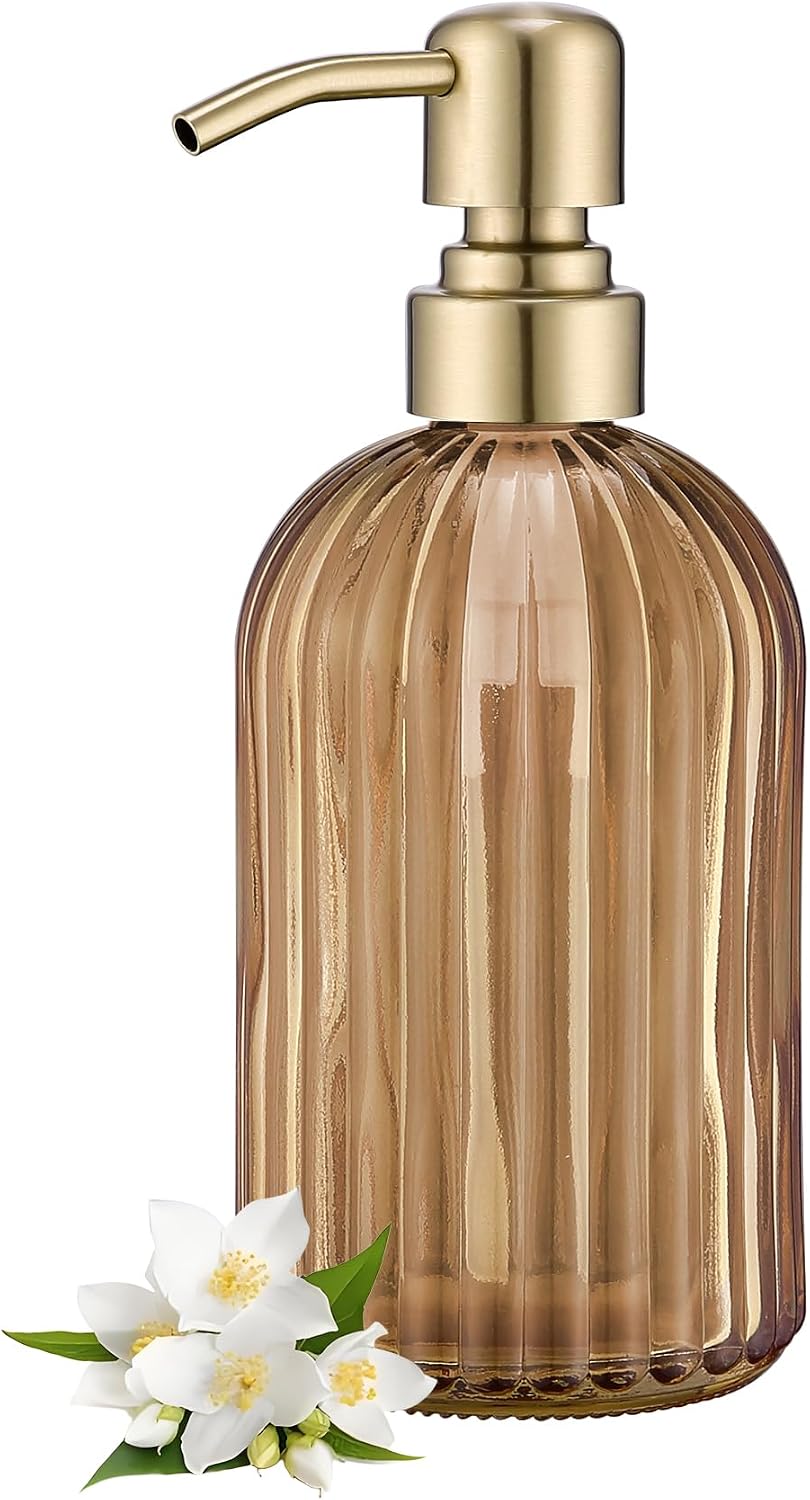 Avola 16 Oz Amber Glass Soap Dispenser,Stainless Steel Brushed Gold Pump Vertical Stripes Design for Bathroom Hand Soap & Kitchen Dish Soap,Brown Liquid Soap Dispenser for Countertops