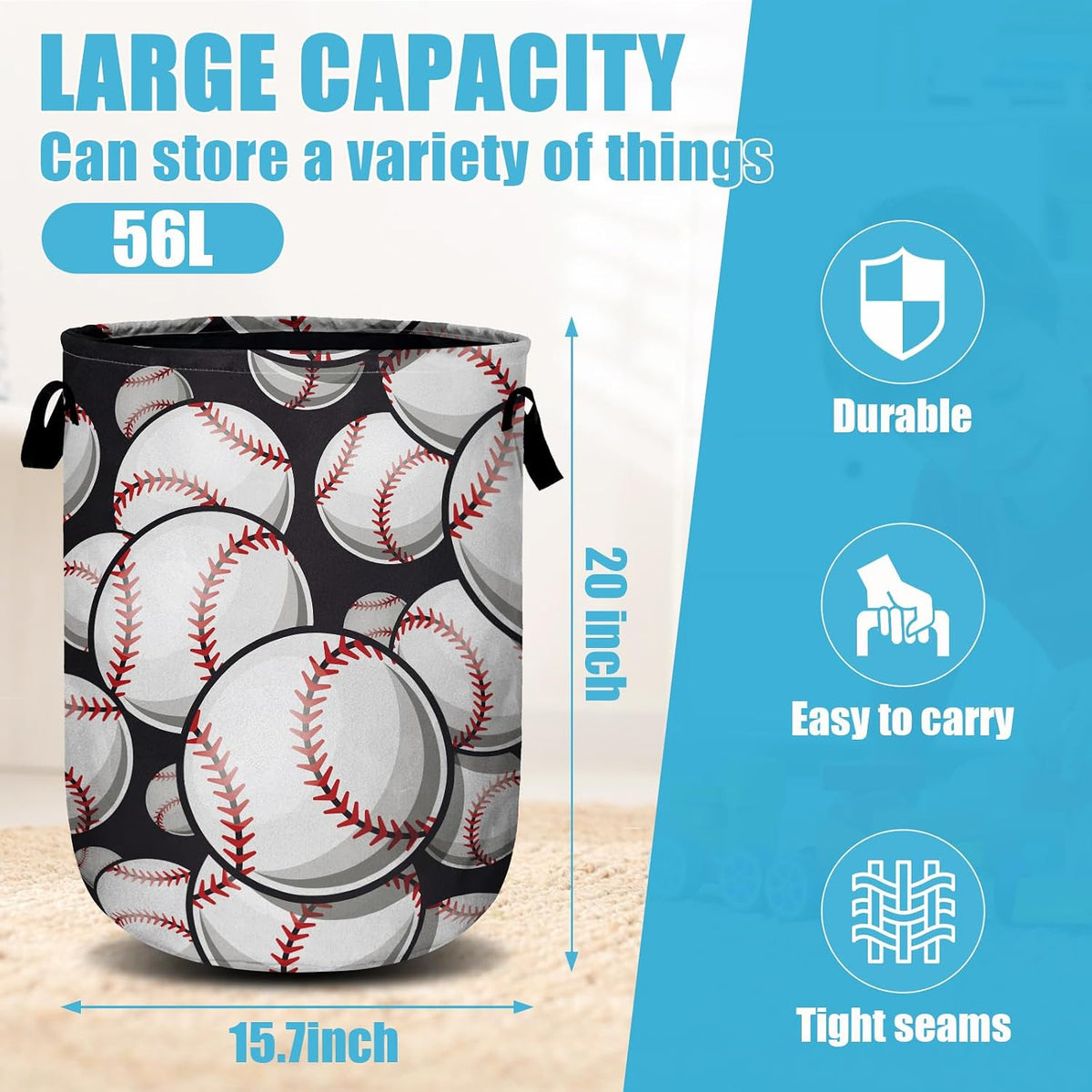 Baseball Softball Laundry Basket, Ball Laundry Hamper Collapsible Oxford Cloth with Handle Clothes Storage Bin for Bathroom Laundry Room Bedroom 15.7 X 20 Inch