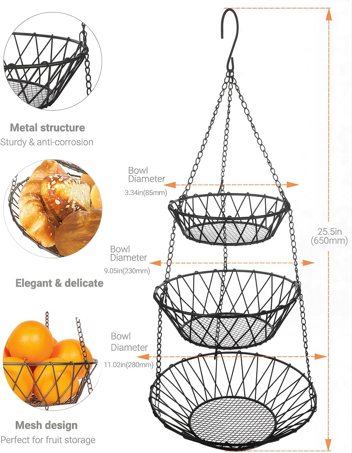3 Tier Hanging Basket with Sturdy Metal Chain Hanging Hooks