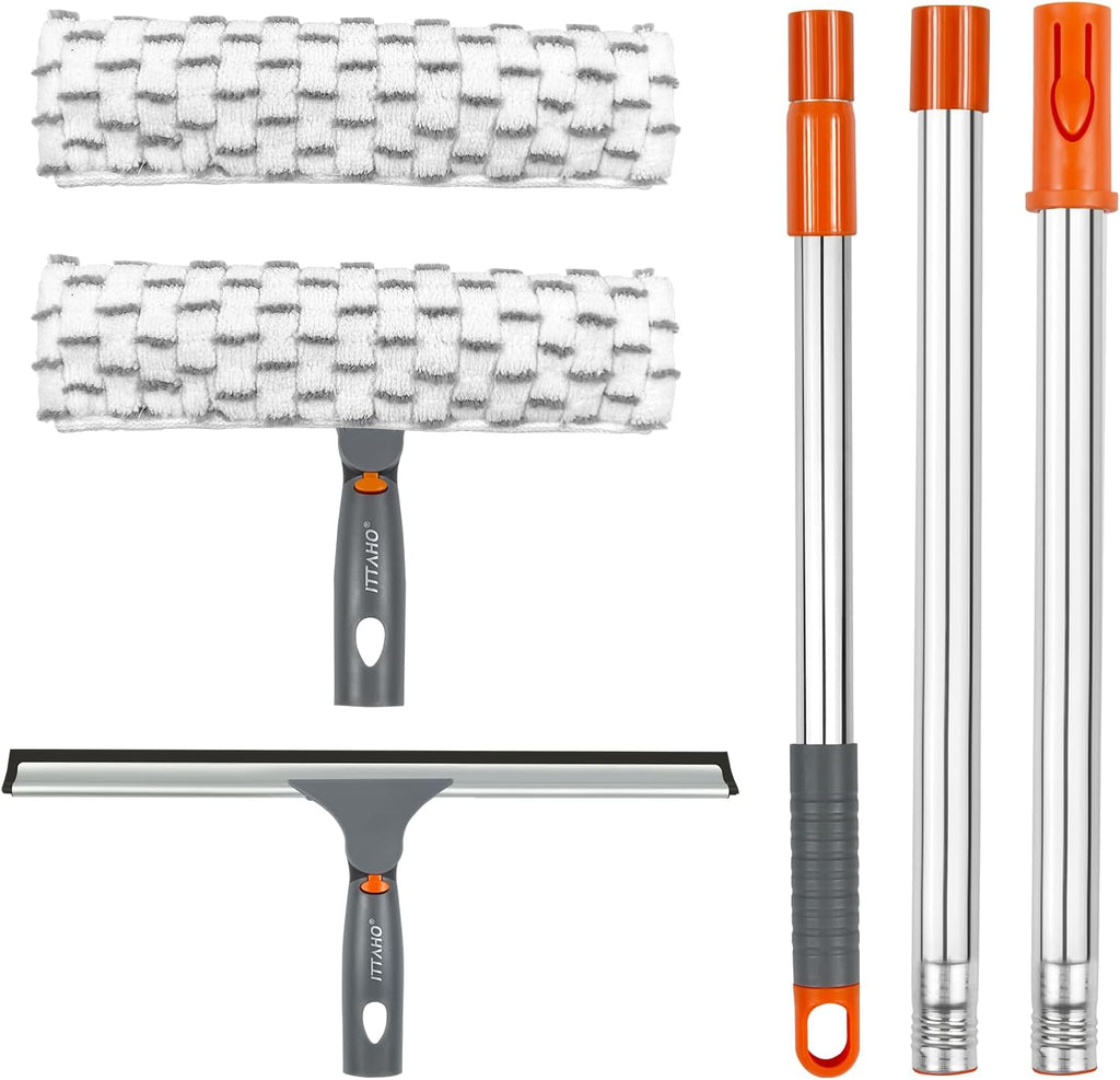 Squeegee for Window Cleaning,12" Squeegee and 11" Microfiber Scrubber Combi with Stainless Steel Pole,Extendable Window Cleaner for Car,Sliding Door,Shower Glass Door-Swivel Style-2 Pads