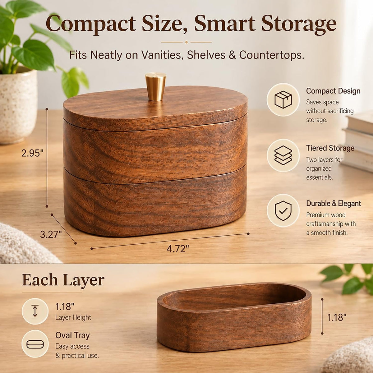 Walnut Wood Qtip Holder, Bathroom Canister for Cotton Swabs & Floss Picks