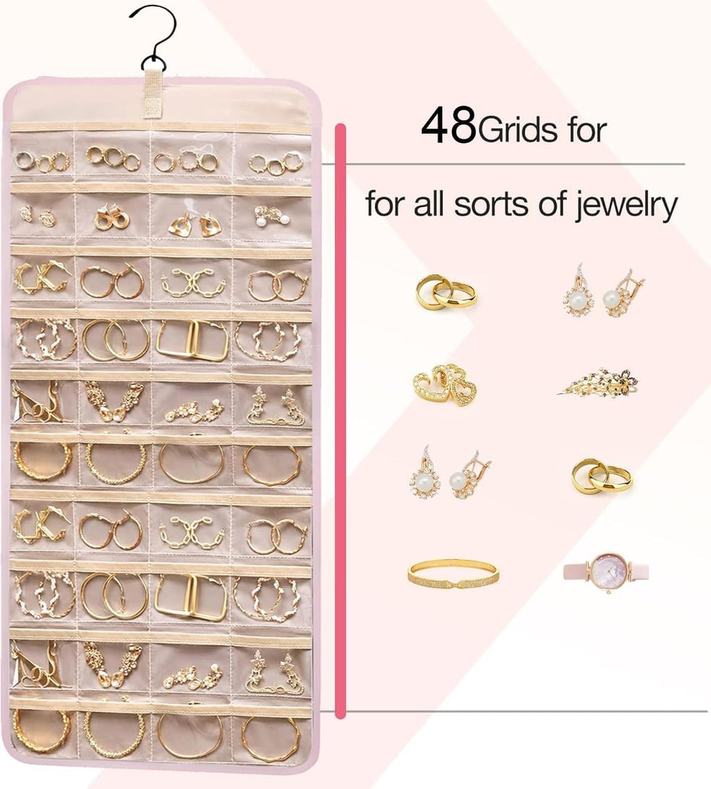 Hanging Jewelry Organizer Storage Roll with Hanger Metal Hooks Double-Sided Jewelry Holder for Earrings, Necklaces, Rings on Closet, Wall, Door,Large 14.17' x 33.07'',pink