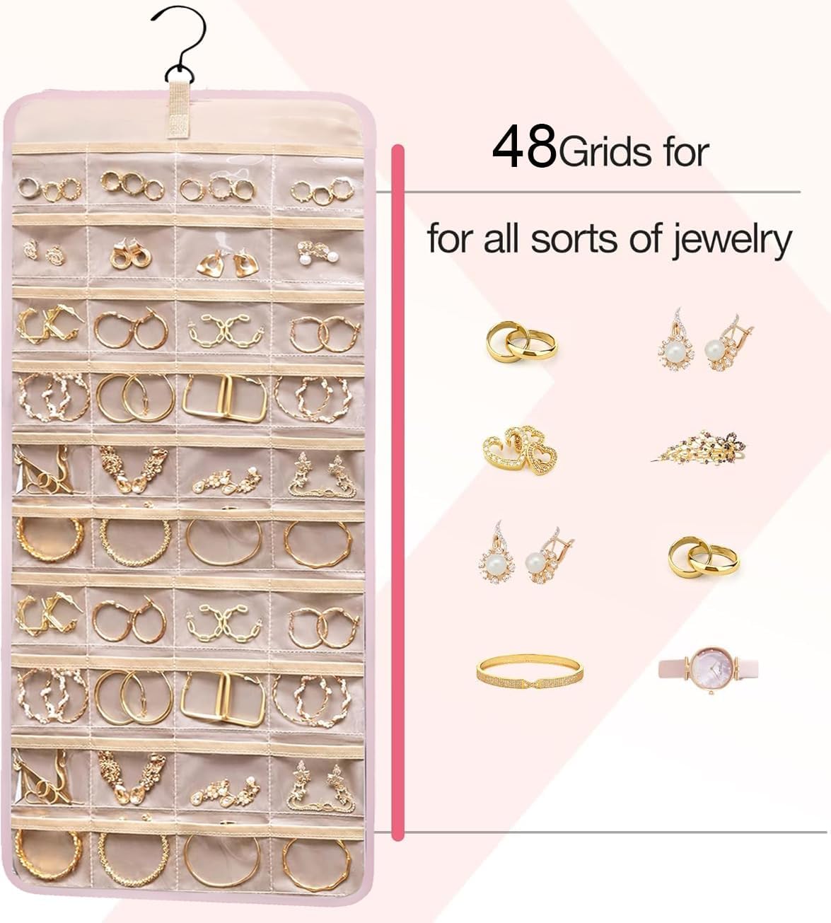 Hanging Jewelry Organizer Storage Roll with Hanger Metal Hooks Double-Sided Jewelry Holder for Earrings, Necklaces, Rings on Closet, Wall, Door,Large 14.17' x 33.07'',pink